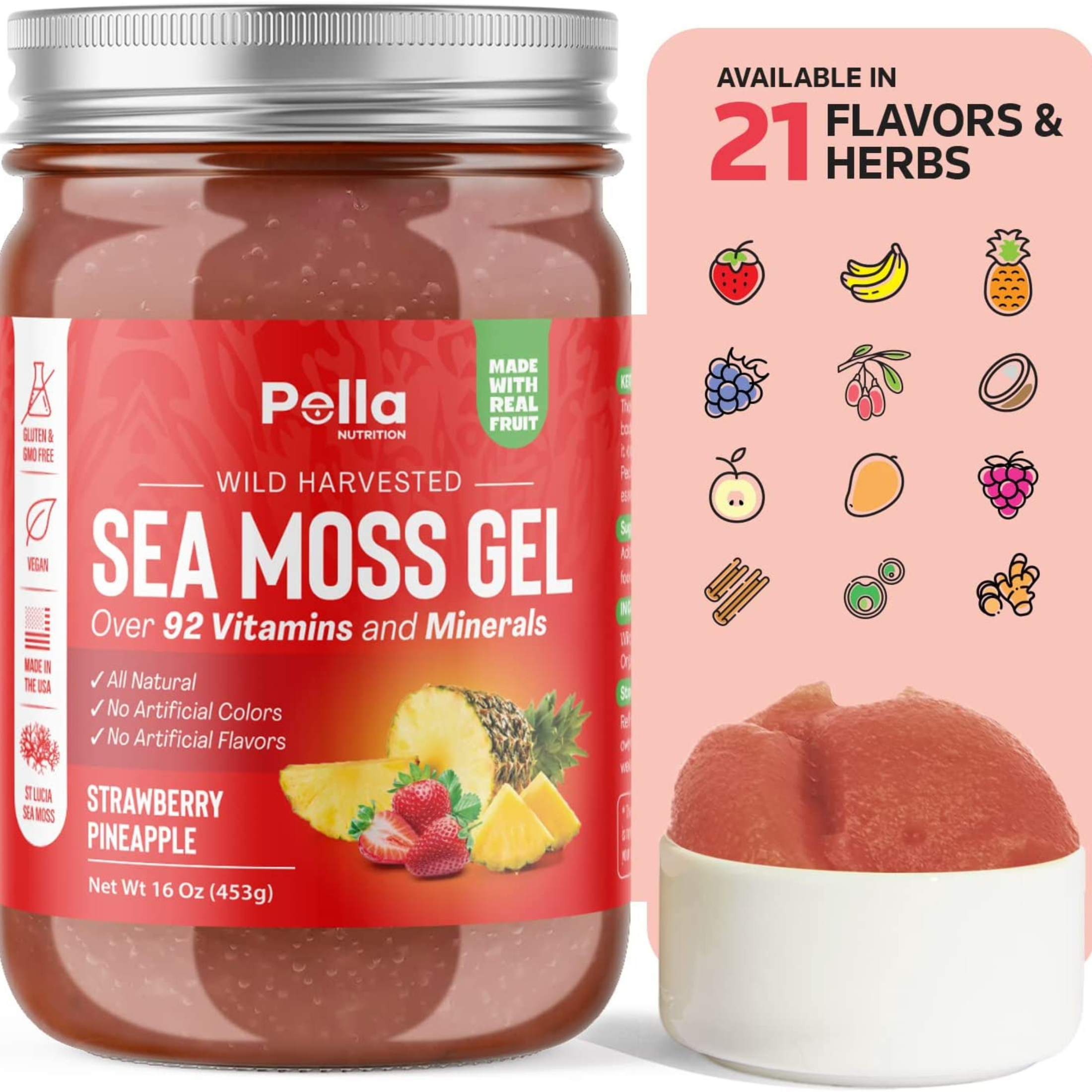 Pella Nutrition Sea Moss Gel Superfood, 21 Flavors & Herbs, (8 oz. & 16oz.)