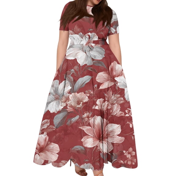 LWavelet Women's Plus Size Floral Maxi Dress Short Sleeve Tie Waist Casual Boho Flowy Dress with Pockets Red L