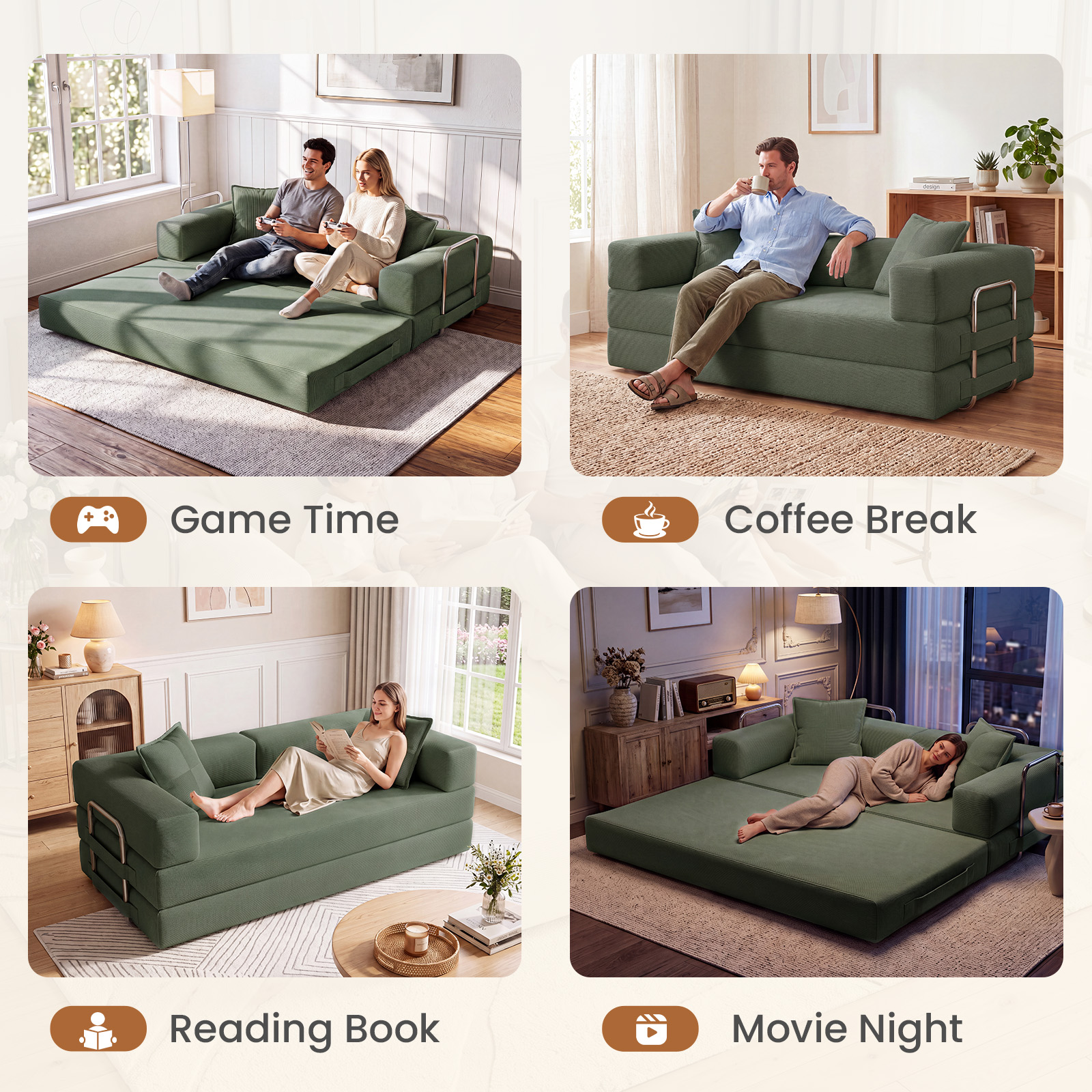 Exnote 78" Convertible Sofa Bed, Green Corduroy photo 6