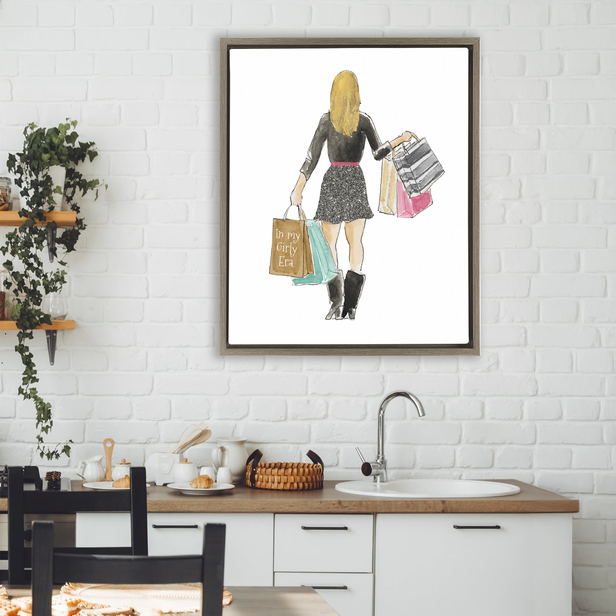 Stupell Industries Girl With Shopping Bags Brown Framed Floater Canvas Wall Art, design by Lanie Loreth