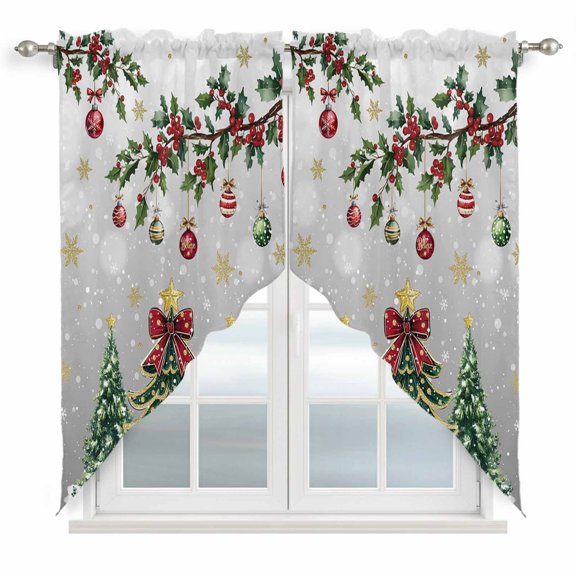 Christmas Tree Swag Curtains for Kitchen/Bedroom/Living Room, Grey Retro Winter Ball Berry Snowflakes Scalloped Curtains 63 Inch Long, Window Swag Topper Curtains Valances 2 Panels Set 36"x63"