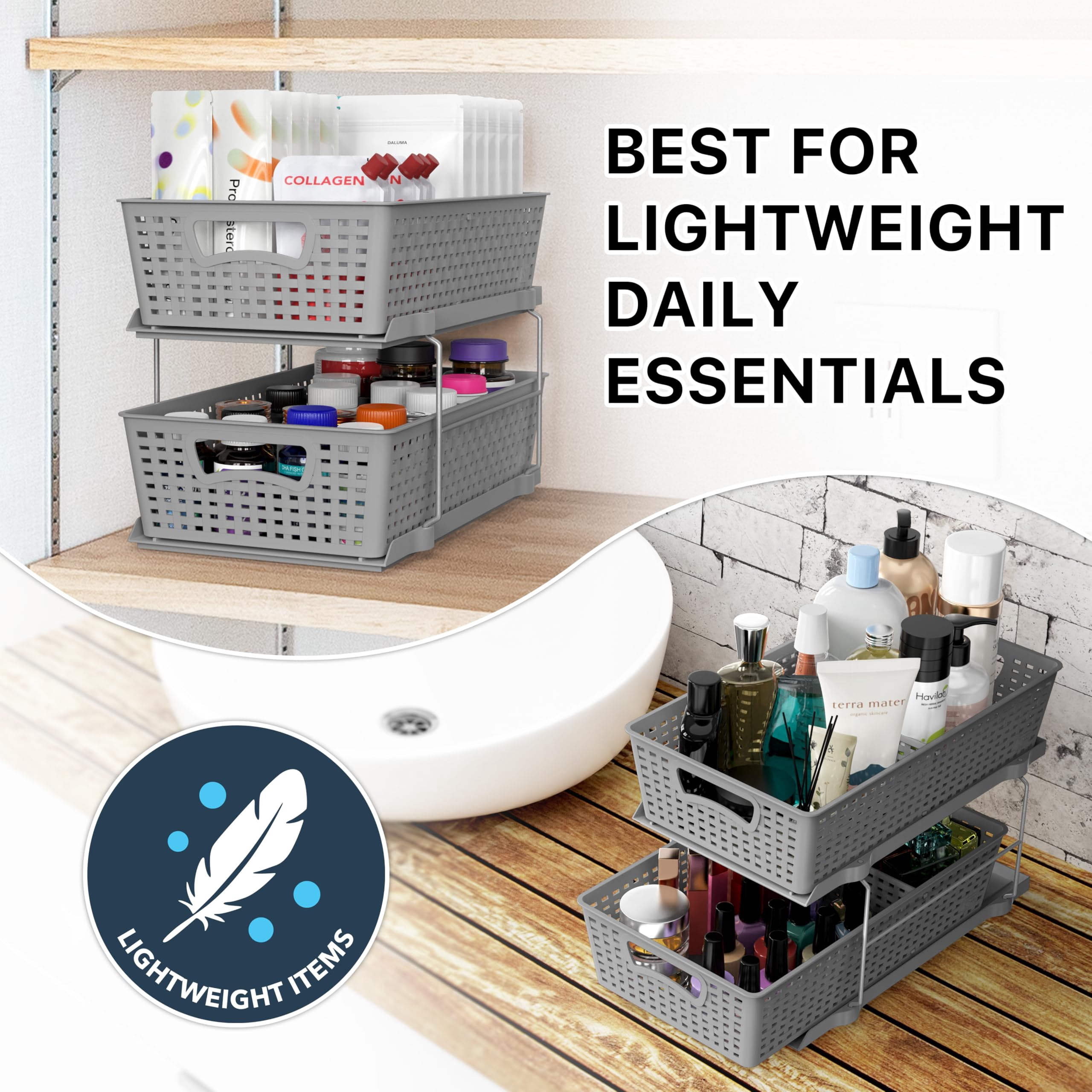 2 Tier Bathroom Organizer Tray Pull-out Sliding Drawer  Under Sink Storage Gray