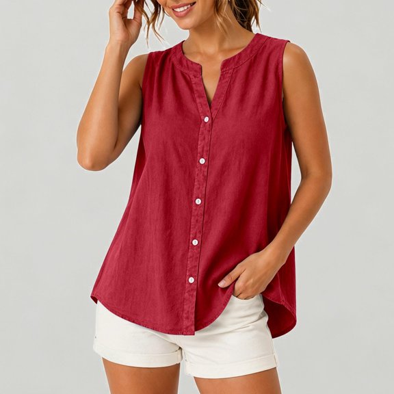 Xijirk Women's Sleeveless Notch Neck Blouse Button Front Curved Casual Summer Layering Top,L