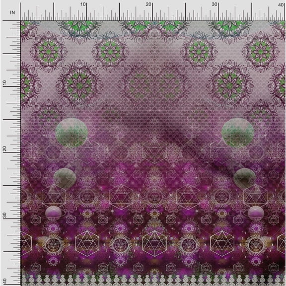 Soimoi Poly Georgette Fabric Scared Geometry & Moon Panel Printed Fabric 1 Yard 42 Inch Wide