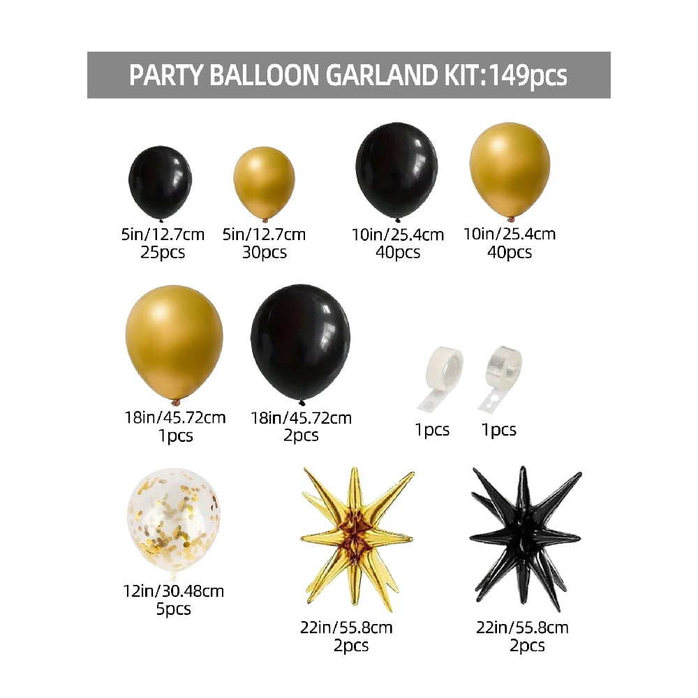 149Pcs Black & Gold Balloon Garland Arch Kit - Metallic Gold, Confetti & Starburst Foil Balloons for Birthday, Wedding & Graduation Party Decorations