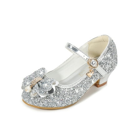 

SIMANLAN Girls Princess Shoes Round Toe Heels Sandals Low Heel Mary Jane Kids Soft Dance Shoe Girl s Glitter Dress Pumps Silver 7C