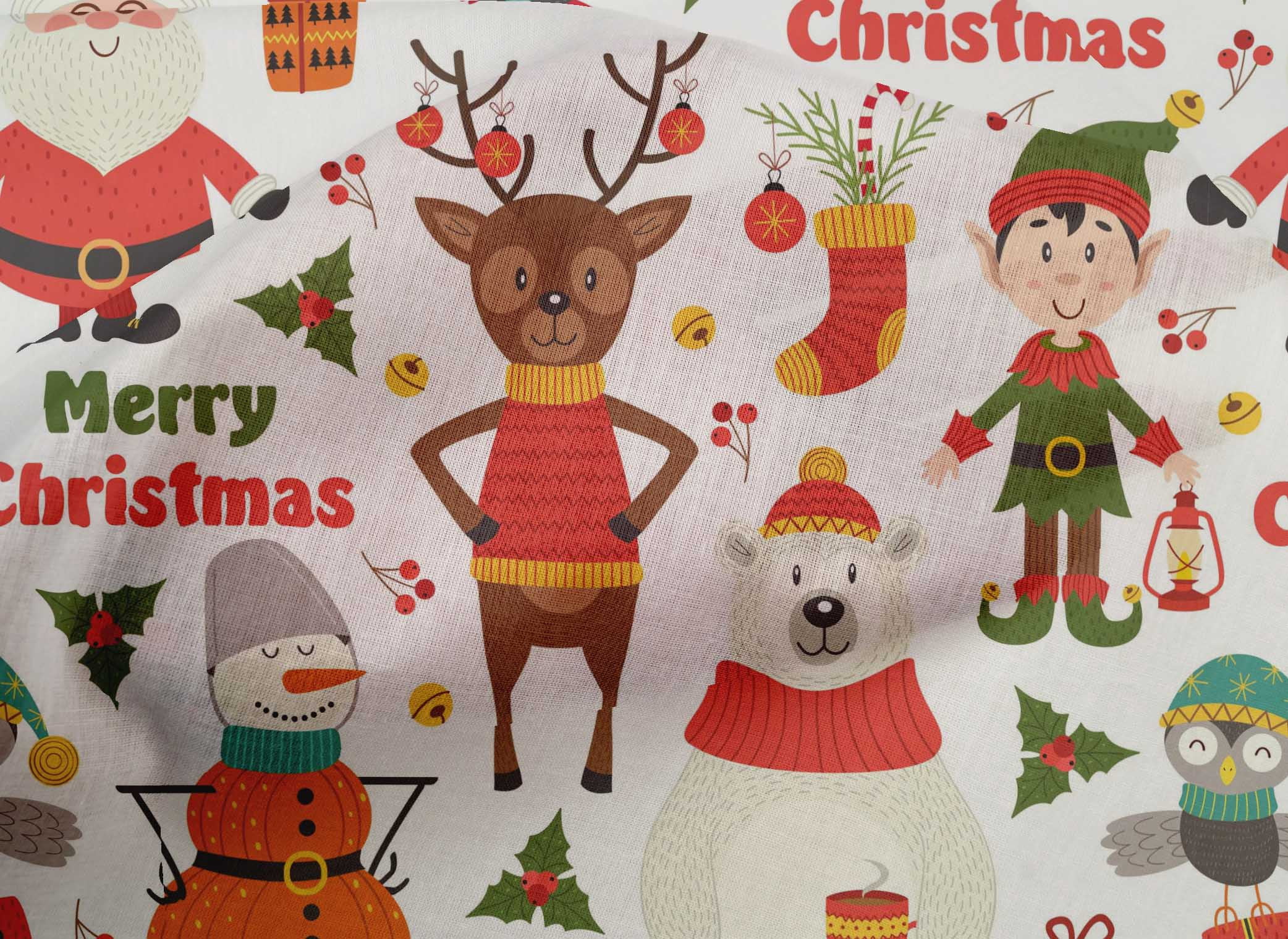 oneOone Cotton Cambric Light Red Fabric Snowman|Gift Box & Santa Christmas Dress Material Fabric Print Fabric By The Yard 56 Inch Wide