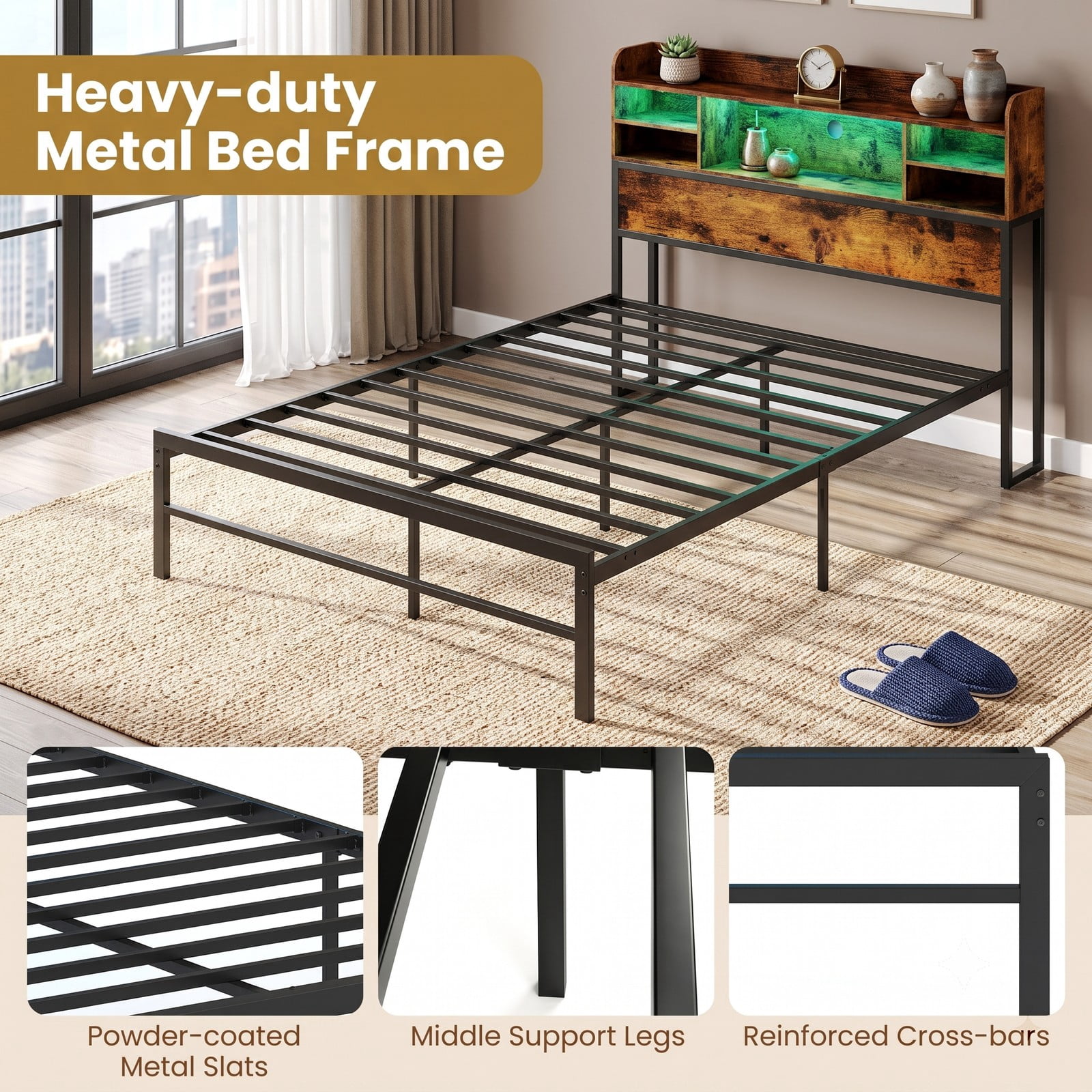 Furnibear Full Size Bed Frame with Storage, Metal Platform Bed with Storage Headboard, LED Lights and USB Charging, Rustic Brown
