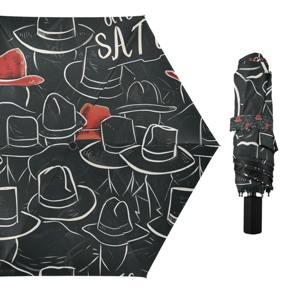 Hand Drawn Hats Compact Sun Umbrella Windproof Travel Umbrellas for Rain Strong Portable UV Protection