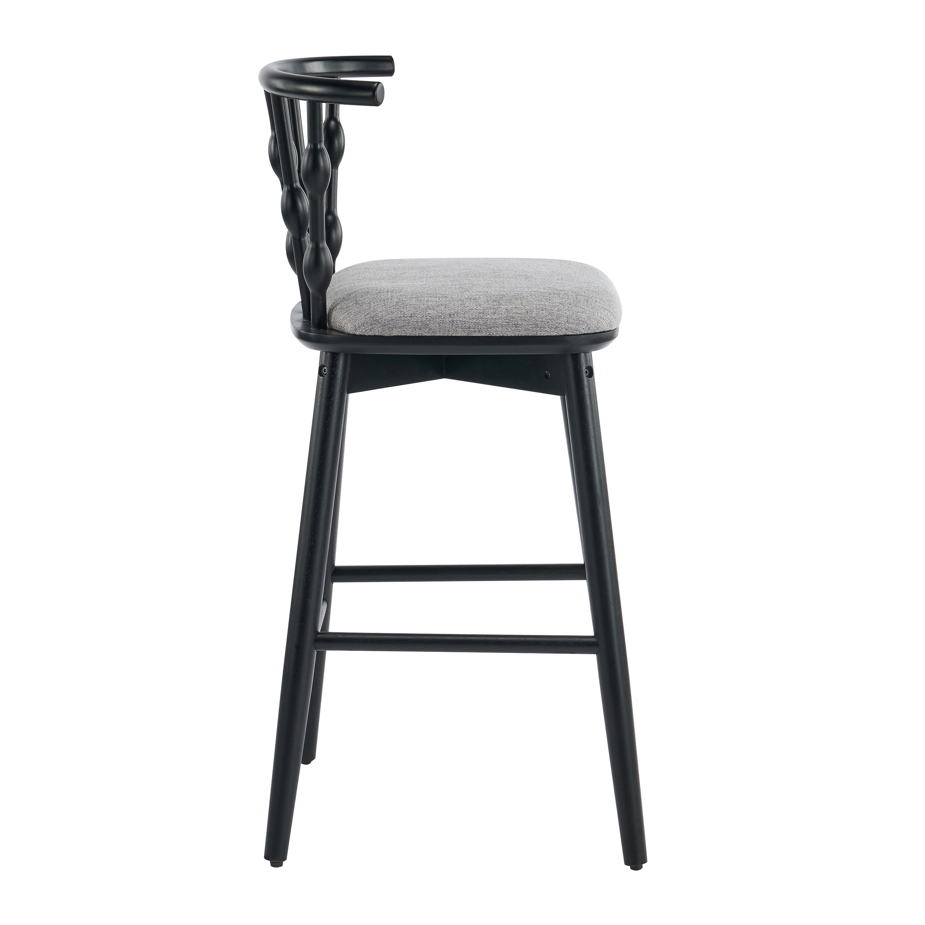 Indoor Barstool Set of 2, Black Rubberwood Frame with Grey Fabric Upholstery for Kitchen Counter Home Bar