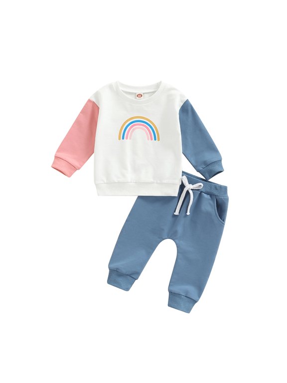 Toddler Baby Girl Clothes Infant Fall Long Sleeve Rainbow Print Sweatshirt Sweater Top + Casual Pants Set