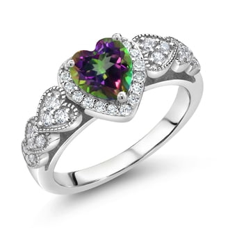 Gem Stone King Sterling Silver Mystic Topaz & White Diamond 3-Stone Ring - 3.23 Cttw, Oval 10x8mm, Birthstone Ring For Women