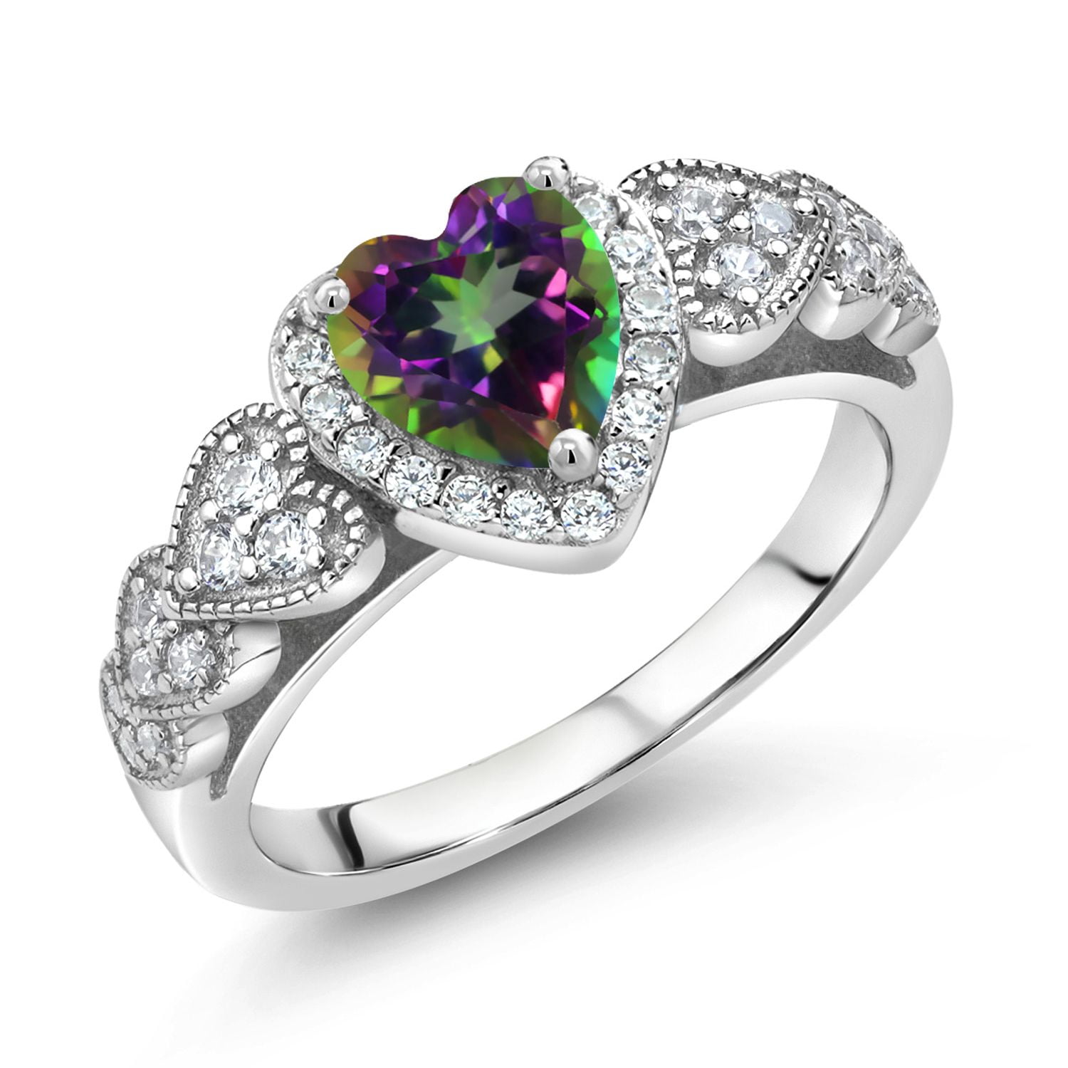 Gem Stone King 925 Sterling Silver Green Mystic Topaz and White Moissanite Halo Ring for Women | 1.13 Cttw | Heart Shape 6MM | Gemstone November Birthstone | Size 9