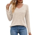 thumbnail image 2 of Dyfzdhu Long Sleeve T Shirts for Women T Shirt Trendy V Neck Tops Solid Color Casual Blouses Beige, 2 of 6