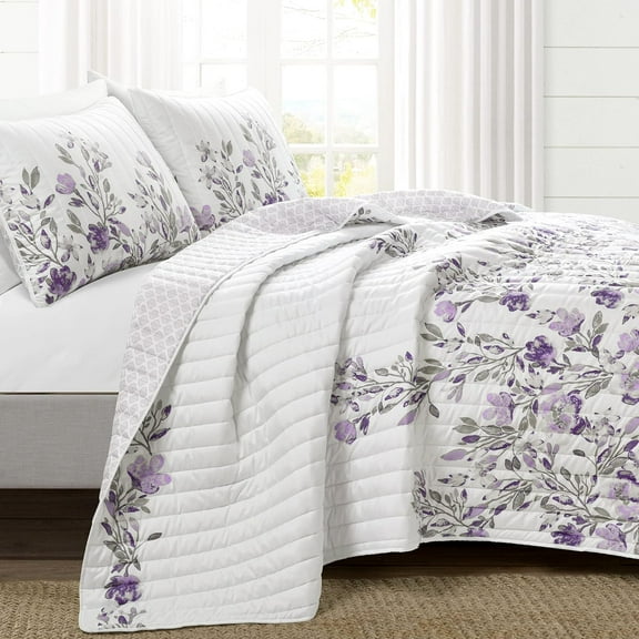 Reversible Floral Quilt Set, 5 Piece Set, Full/ Queen,Gray & Purple -Elegant Floral Bedding Set - Purple Lavender Quilt-Beautiful Flower Print-Modern Farmhouse & Cottage Home Décor