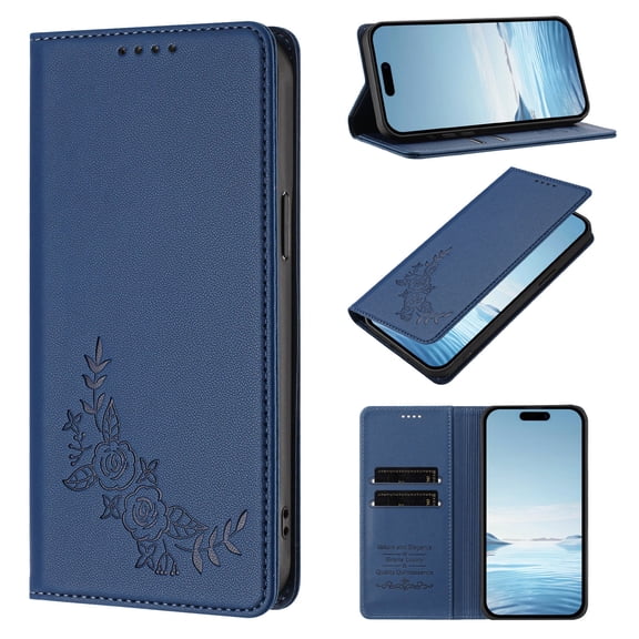 For iPhone 14 Pro Flip Phone Case,Magnetic Folio Cover,Peony Pattern Emboss Design,Anti-Scratch PU Leather Flip Folding Kickstand,With Card Slots,Shockproof Non-Slip Phone Case,Dark Blue