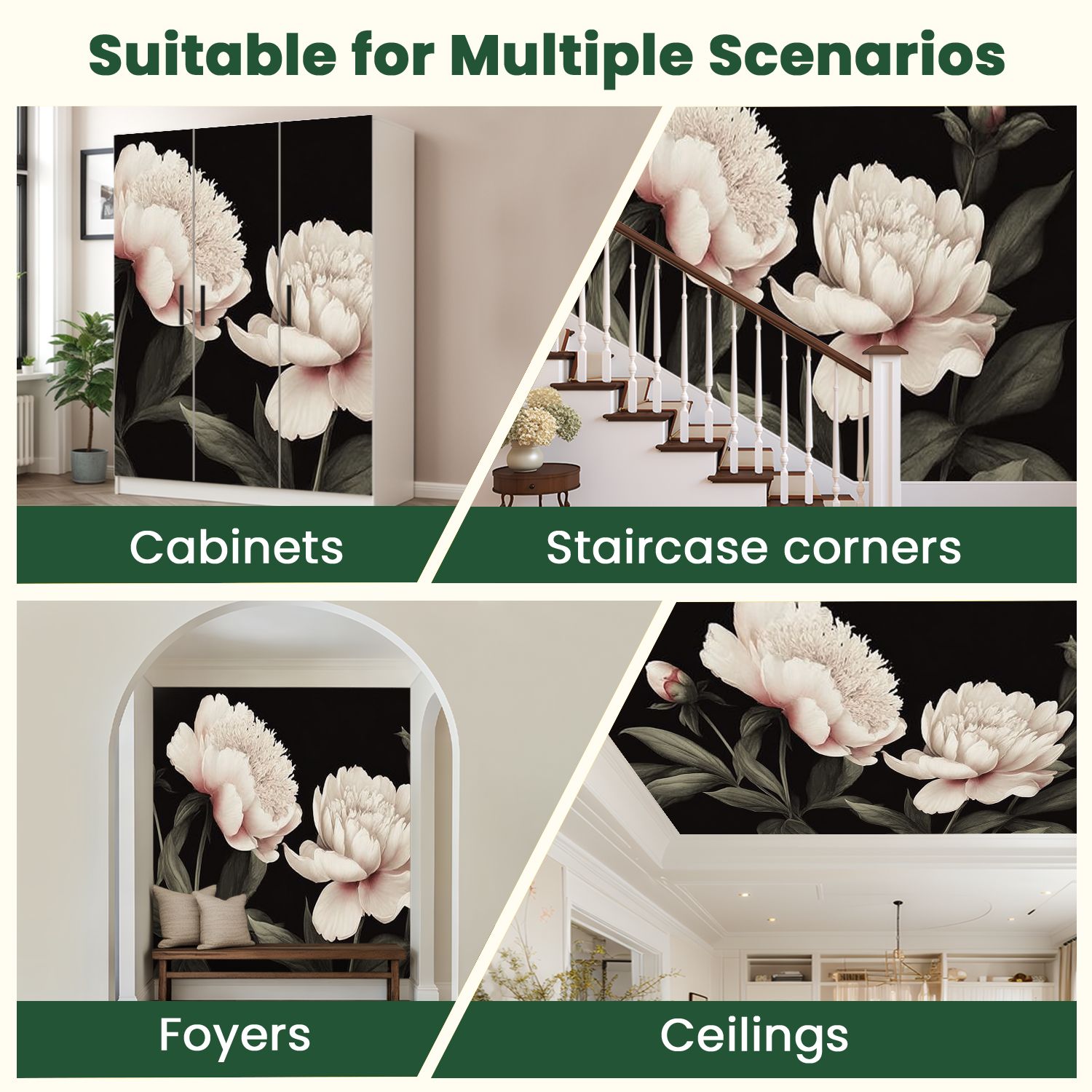 Peel and Stick Wallpaper Black Vintage Dark Contact Floral Peonies Buds Leaves Stems Petals Modern Art Wall Mural Decor Self Adhesive and Removable 100in x 144in