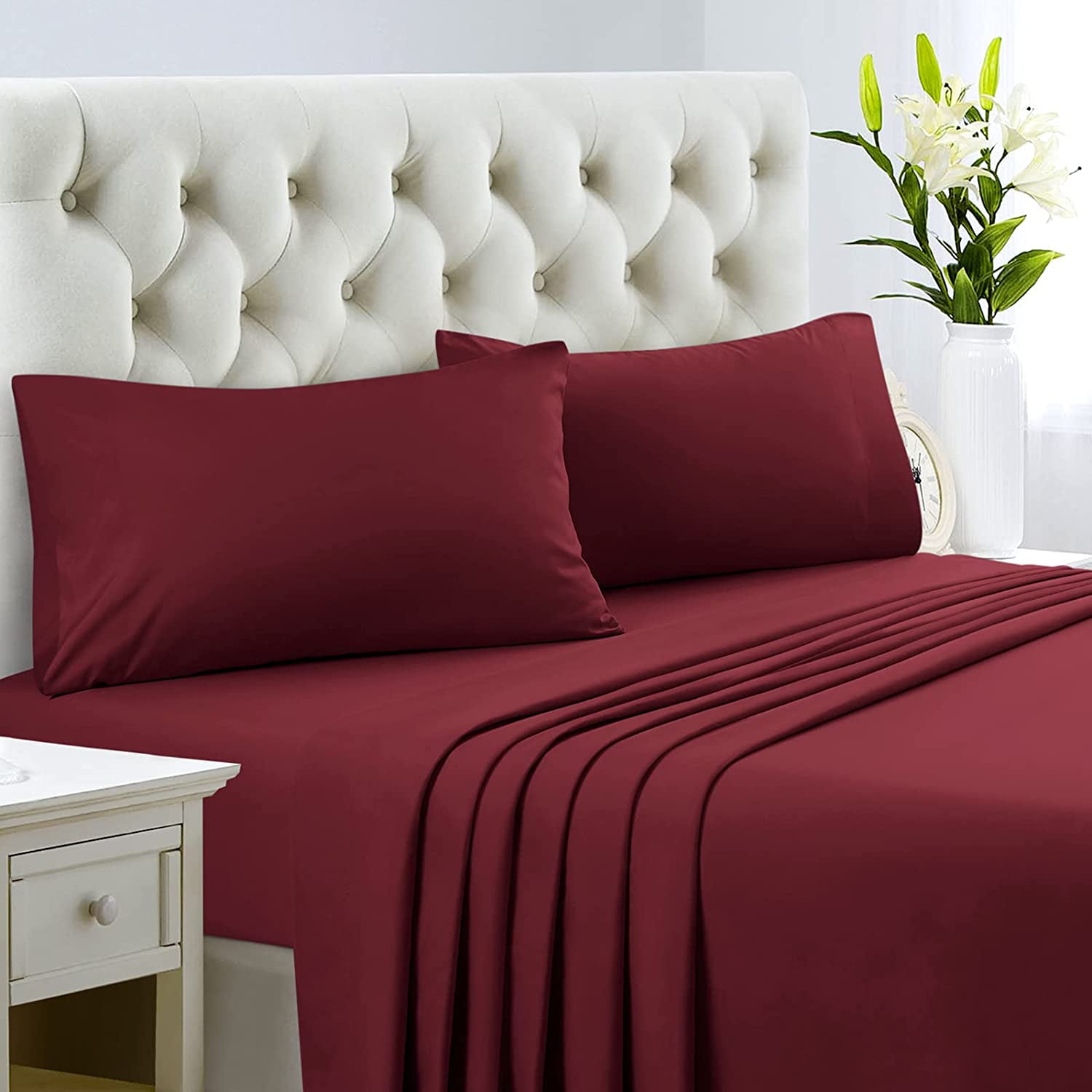 100% Cotton 4pc Pillow Bed Sheet Set Burgundy 1000 Tc Extra Deep Pocket 