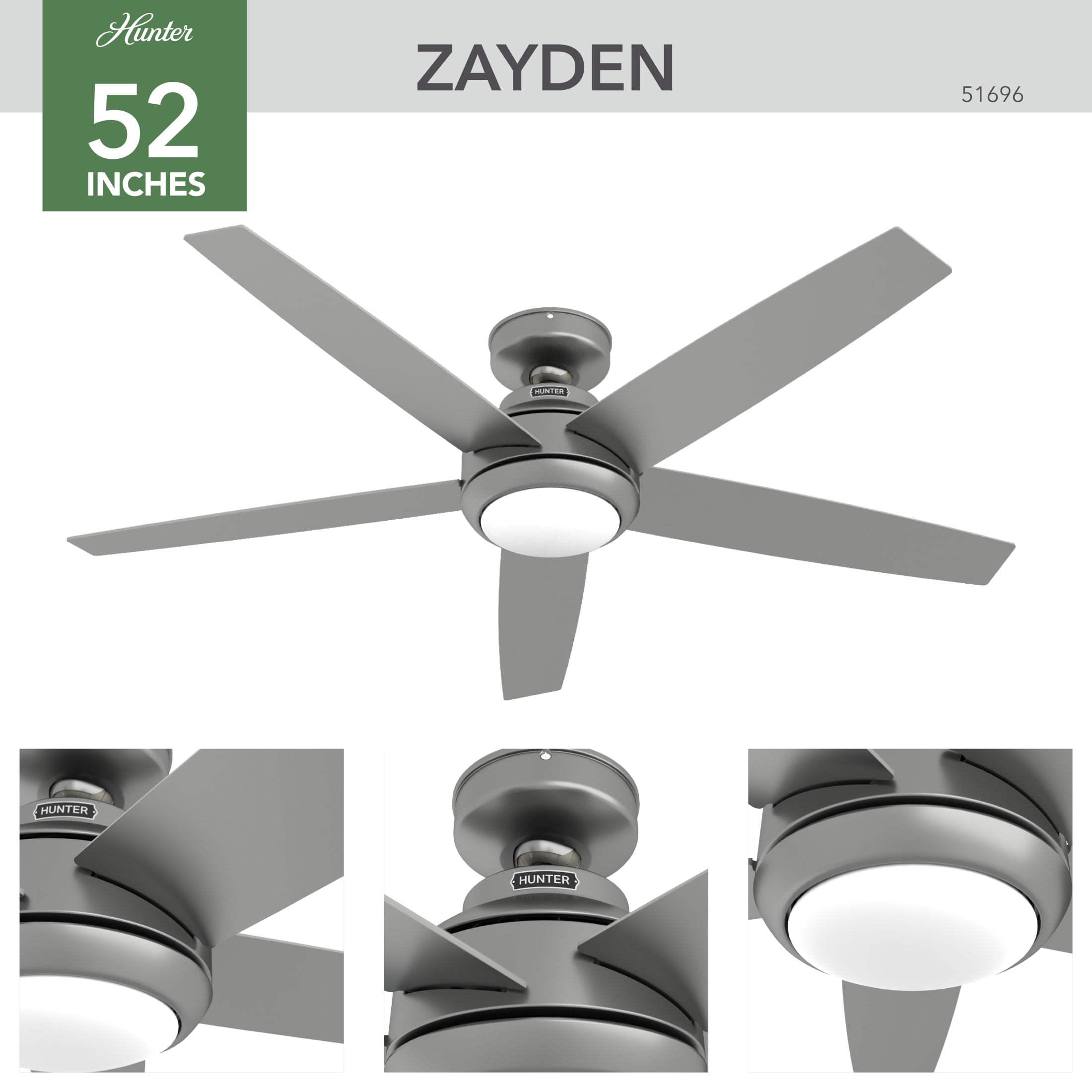 Hunter 52 inch Indoor Ceiling Fan with LED Light and Remote Control - Standard Mount Ceiling Fan, 5 Blades, For Bedroom, Living Room, or Kitchen, Quiet - Zayden 51696, Matte Silver