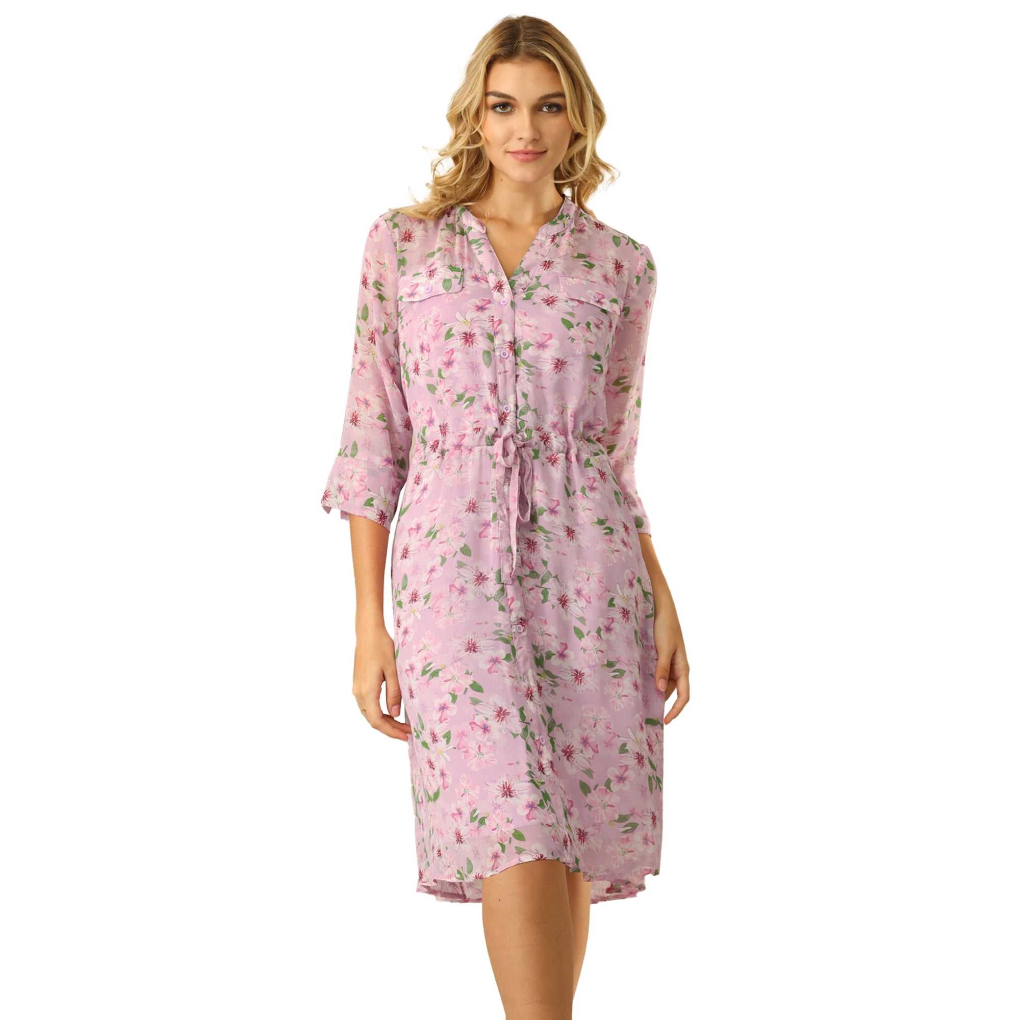 DARING DIVA Women's 3/4 Sleeve Floral Chiffon A Line Dresses M Purple Pink