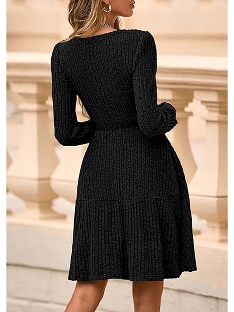 fit and flare dress winter PRETTYGARDEN Womens Sweater Fall Long Sleeve V Neck A Line Ribbed Knit Short Dresses Outfits Floral Embellished Square Neck sculpting silhouette Primary Fabric_100% Cotton Flax Material Content:100% Polyester