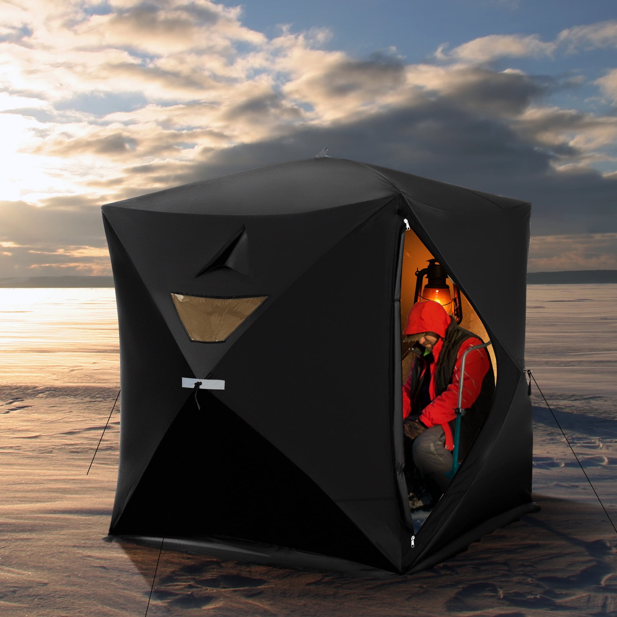 Outsunny 4 Person Ice Fishing Shelter Insulated Waterproof Portable Pop Up  Ice Tent with 2 Doors for Outdoor Fishing, Black 