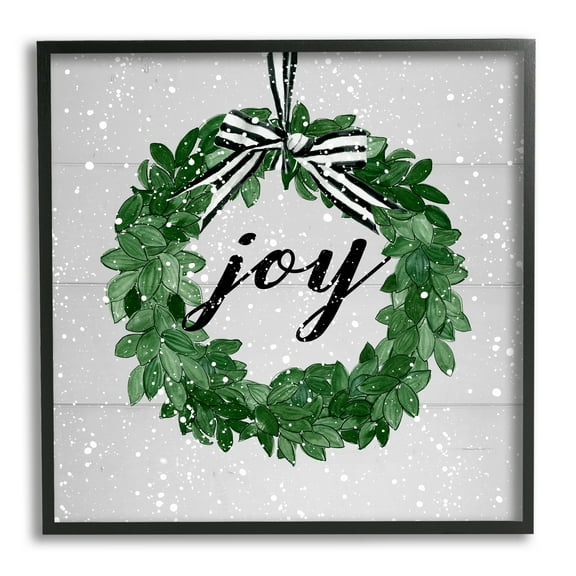 Stupell Industries Joy Wreath with Snow Holiday Painting Black Framed Art Print Wall Art, 12 x 12