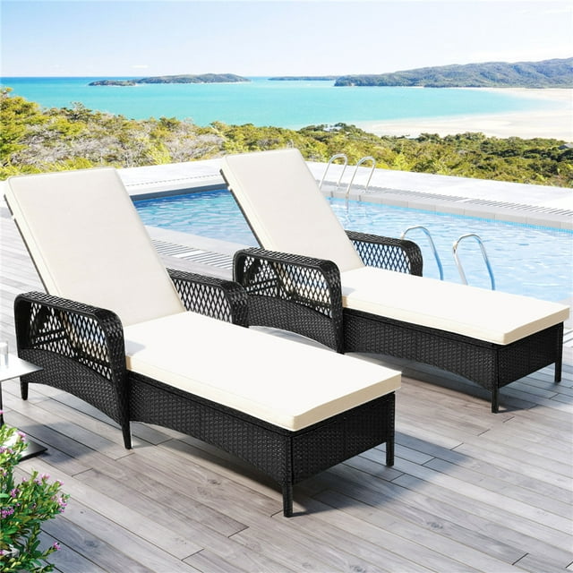 Outdoor Lounge Chairs, 2Pcs Patio Chaise Lounge Chairs Furniture Set with Armrest and Adjustable Back, All-Weather Rattan Reclining Lounge Chair for Beach, Backyard, Porch, Garden, Pool, LLL1548