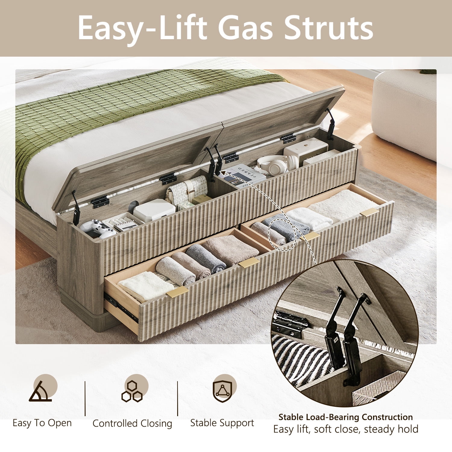 KeyWhat Modern Fluted Queen Size Bed Frame with Headboard & Storage Footboard, Built-in Drawers & Lift-Up Gas Struts, Solid Wood Slats, No Box Spring Needed, Grey Alder