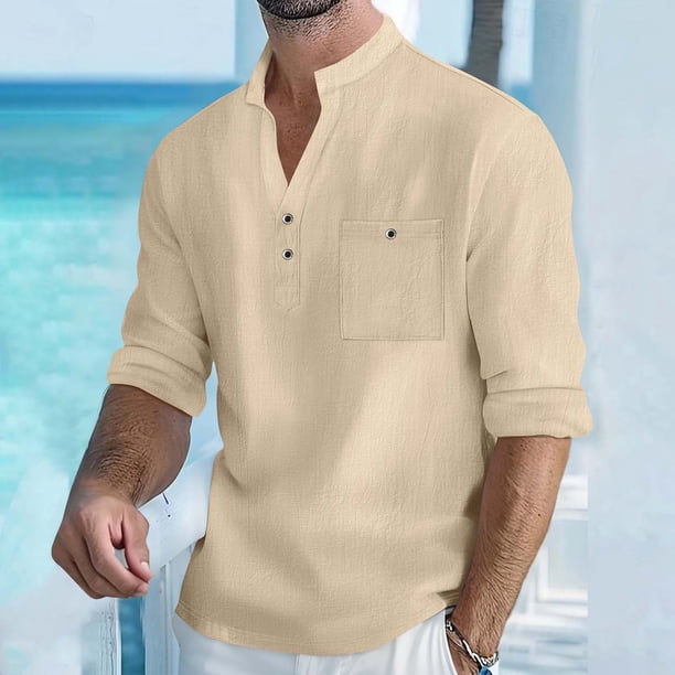 Blusa y camisa de manga larga con cuello alto para hombre, informal, de color liso, con botones, de media manga, con cuello alto y bolsillo, de poliéster.