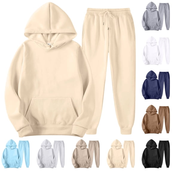 GrmtClth Athletic Outfit Sets For Men Solid Color Blank Hoodie Drawstring Baggy Sweatpants 2 Piece Versatile Multi Color Indoor And Outdoor Sweatsuit Beige XL