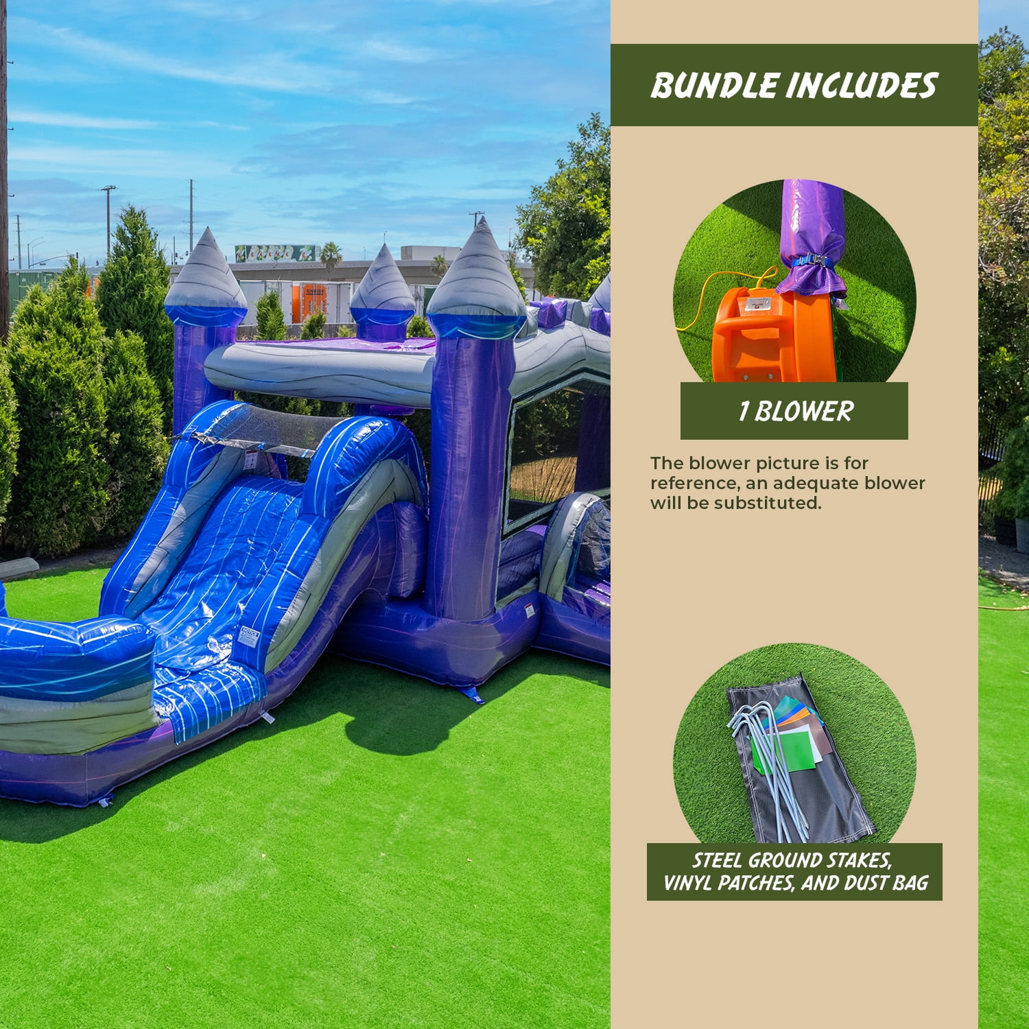 XJUMP Purplish Castle Bounce House Water Slide Combo with Splash Pool (with Air Blower), Commercial Grade, for Kids and Adults
