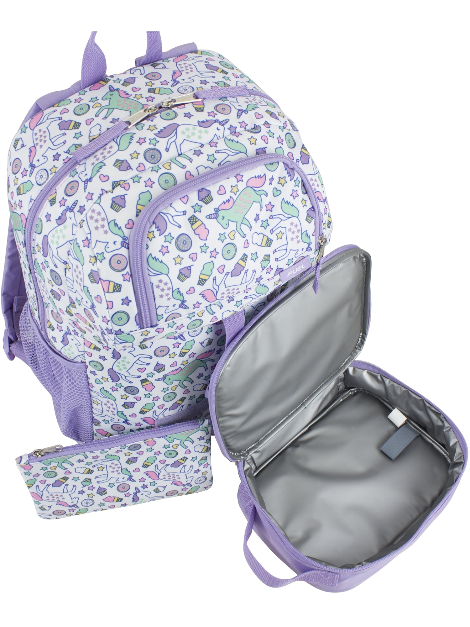 Fuel Unisex 4-Piece Combo Backpack with Lunch Box, Storage Case and Shoe Pouch, Unicorn Donut Print