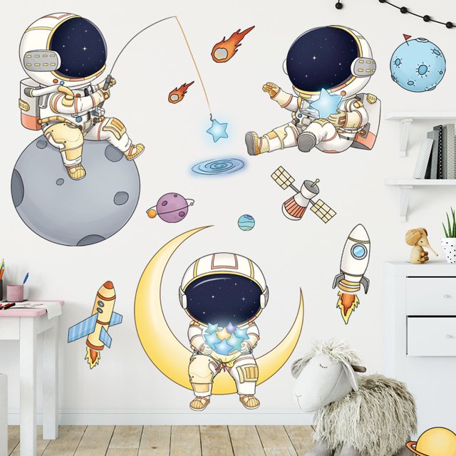 Pegatinas de pared de astronauta, astronauta planeta exterior creativo DIY arte vinilo extraíble pegatina de pared, estrella nave espacial OVNI papel pintado Decoración JAMW Sencillez