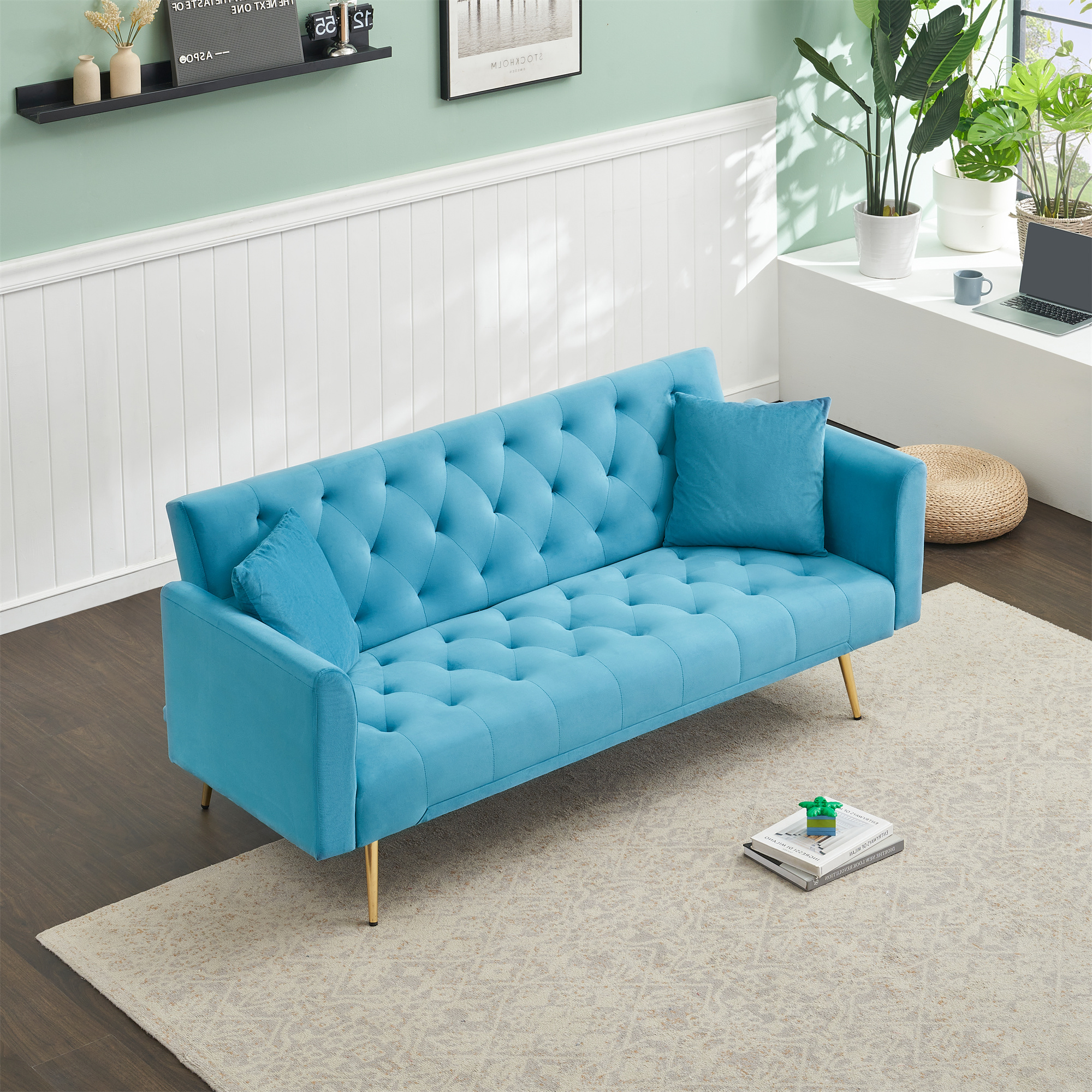 Aukfa Curved Arm Futon Convertible Sofa Bed for Home Office, 2 Pillows, Tufted Back, Velvet, Light Blue
