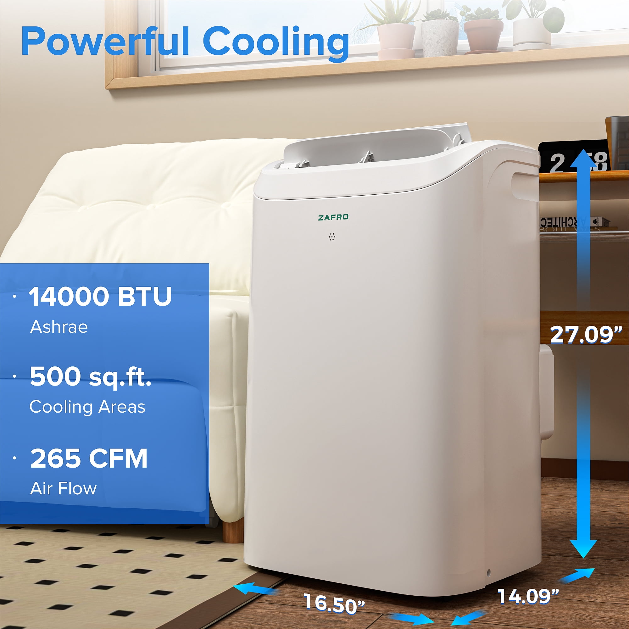 Zafro 14,000 BTU (12000 BTU SACC) Portable Air Conditioner with Wifi & Remove Control, 46dB Ultra-Quiet Cools Up to 500sq.ft