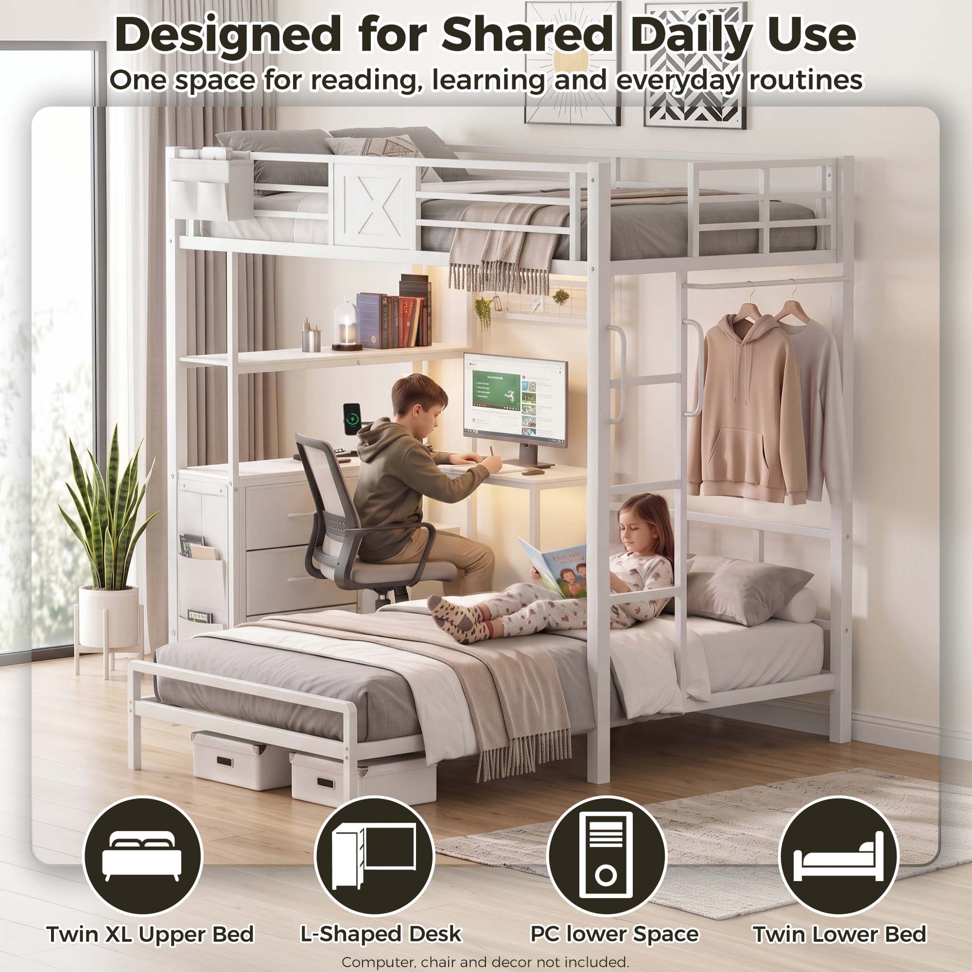 Miniyam Twin XL Over Twin Metal Bunk Bed with L-Shaped Desk, Storage, RGB LED Light and Charging Station, White
