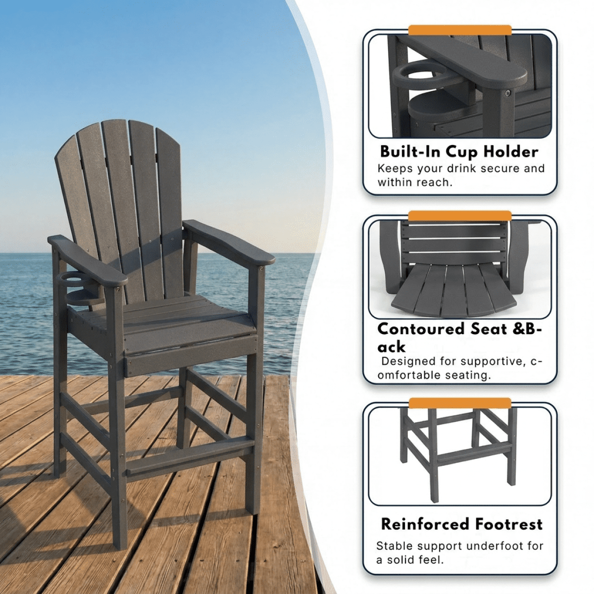 HDPE Bar Height Adirondack Chair All-Weather Outdoor Patio Chair with Cup Holder (Gray)