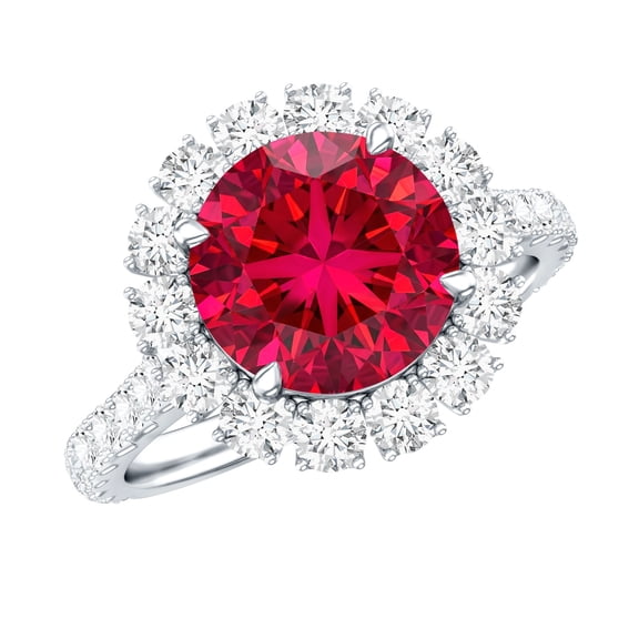 Rosec Jewels Lab Grown Ruby Engagement Ring with Halo - Round Ruby Ring for Women - AAAA Quality Certified - with Jewelry Box, 925 Sterling Silver, US 4.00