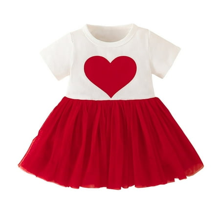 

ZCFZJW Toddler Baby Girls Valentine s Day Outfits Short Sleeve Love Heart Tops Ruffle Tutu Skirt Splice Mesh Princess Dress Set White 12-18 Months