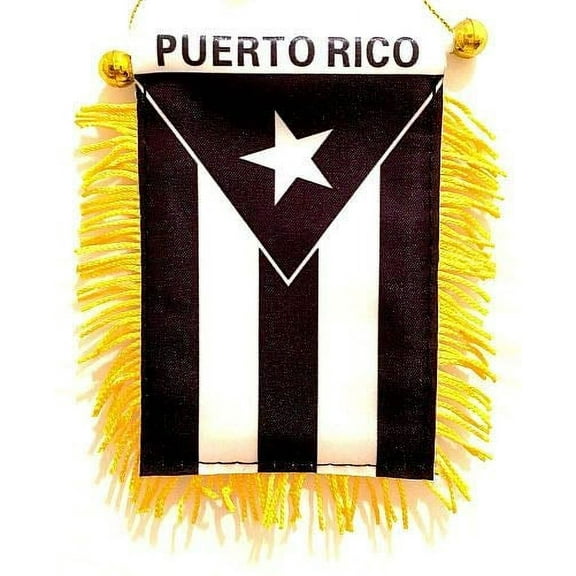 Puerto Rico Black & White Window Hanging Flag - Rear view Mirror & Double Sided - Fringed Puerto Rican Mini Banner with Suction Cup