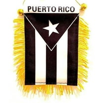 Puerto Rico Black & White Window Hanging Flag - Rear view Mirror & Double Sided - Fringed Puerto Rican Mini Banner with Suction Cup