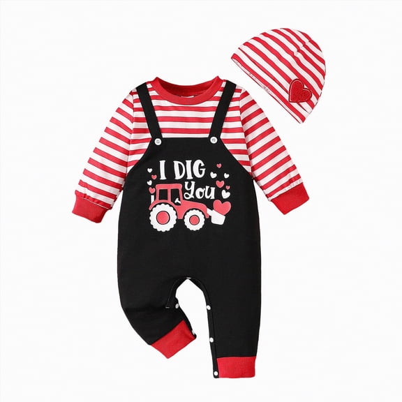 Taybagh My First Valentines Baby Boy Outfit Cute Valentine Tractor Print Button Jumpsuit with Hat Toddler Boys Clothes Sets