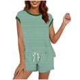 thumbnail image 2 of Gamivast Shorts Sets Women 2 Piece Outfits Striped Crew Neck Tee & Drawstring Pocket Bottoms Summer Lounge Sets Casual Daily Wear Stretchy Pajamas, 2 of 5