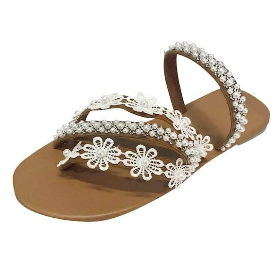 Anuirheih Women's Beach Thong Women's Flat Sandals Summer Beach Peep-toe Beaded Flip-flop Thong Sandals Women Clearance(White)