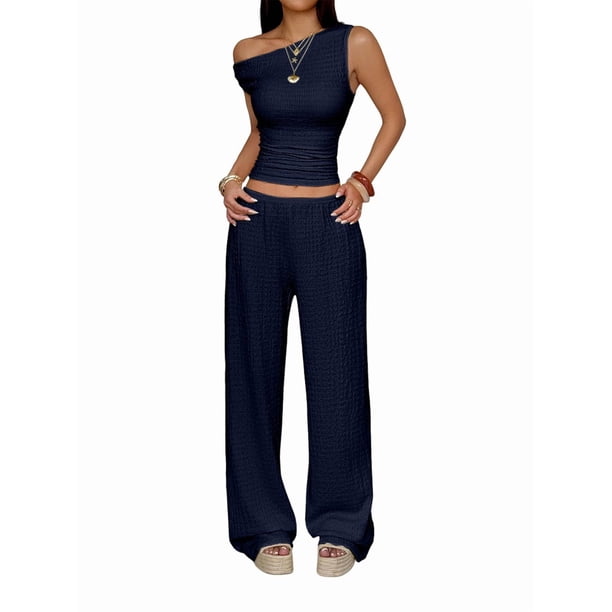 Conjuntos de Dos Piezas para Mujer, Top Corto Informal de un Solo Hombro, Pantalones Anchos y Conjuntos Y2K A Juego. Azul Marino M