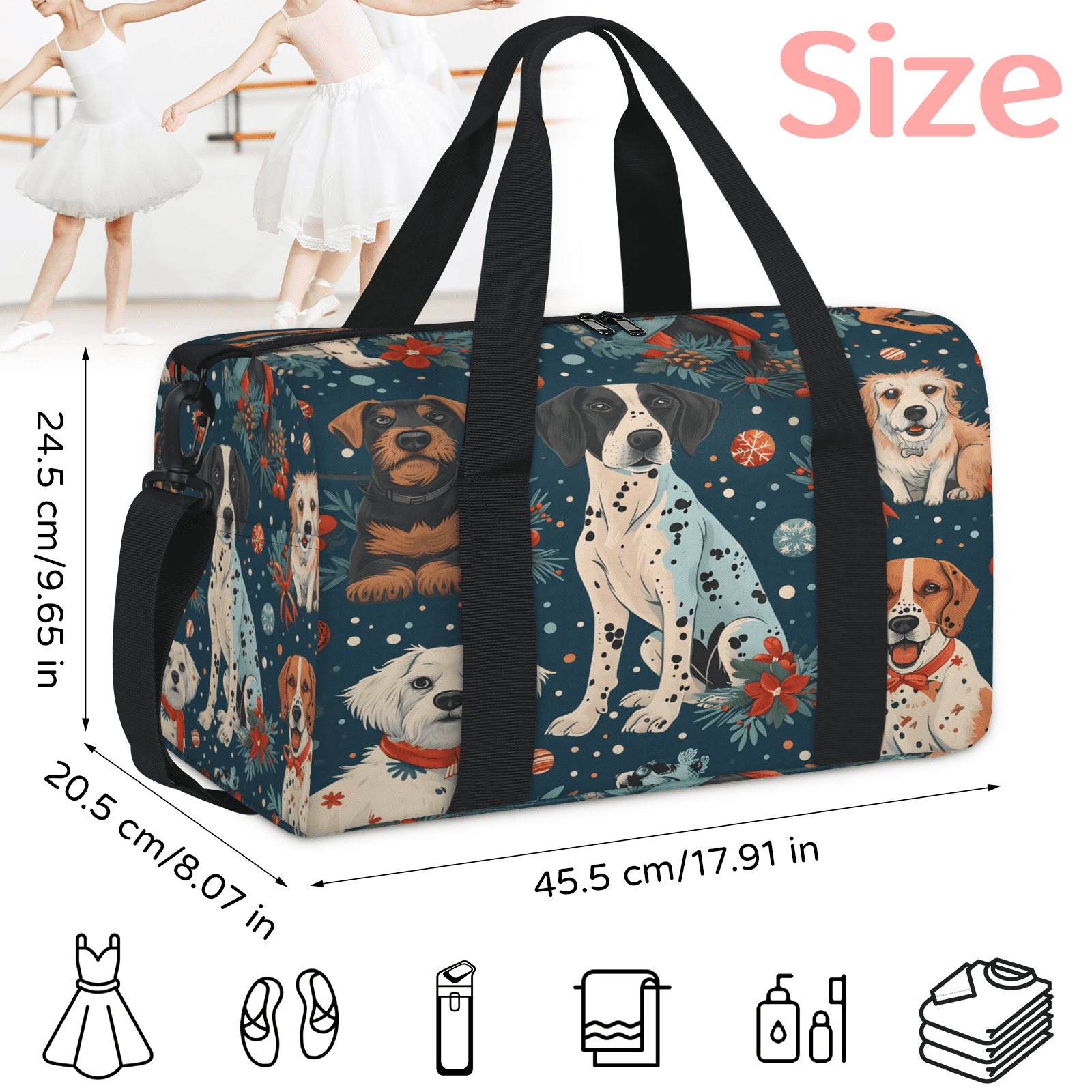 Herdesigns Funny Dog Christmas Gym Bag for Women, Duffle Bag for Travel Sport, Lightweight Waterproof Carry on Weekender Overnight Dance Yoga Workout Bags