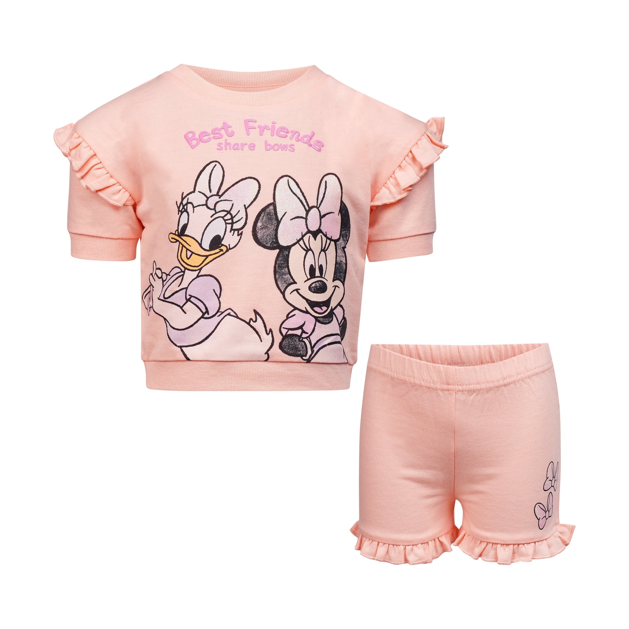 Disney Clothes Baby Girls Front Back 2-Piece Short Outfit Set – Includes Tee & Shorts – Minnie Mouse Peach 12M