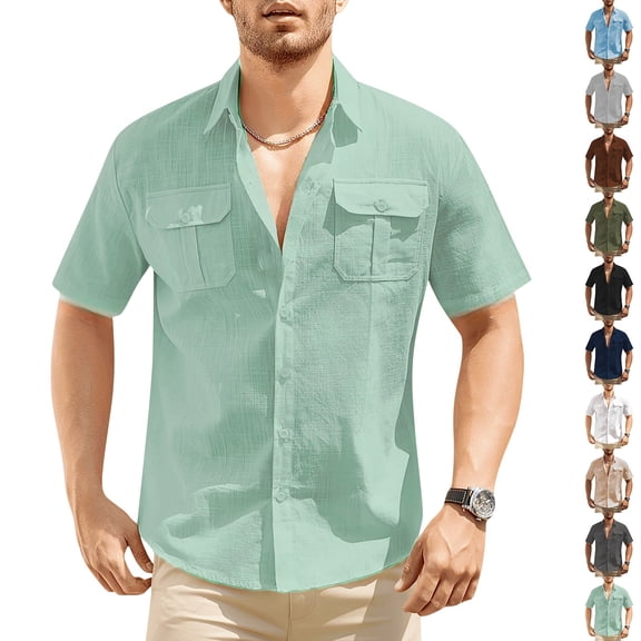 Mens Short Sleeve Button Down Linen Shirt with Spread Collar and Dual Chest Pockets for Casual or Office Wear