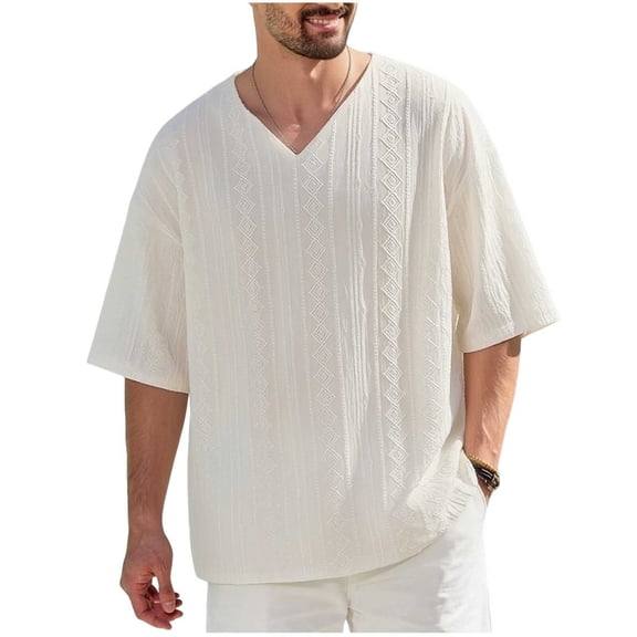 JTSRKL Mens Jacquard Draped V-Neck Tees Short Sleeve Loose Casual Stylish Shirts Streetwear Leisure Daily Soft Fabric Versatile Pullovers